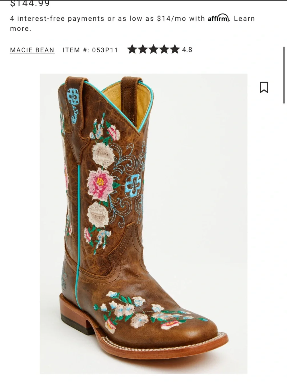 Macie Bean Brown Floral Embroidered Kids' Western Boots with Turquoise Trim